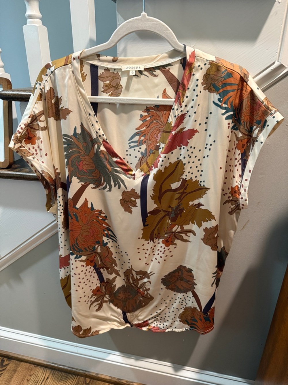 JODIFL Cream Floral V-Neck Short Sleeve Top with Rust, Teal & Mustard Accents